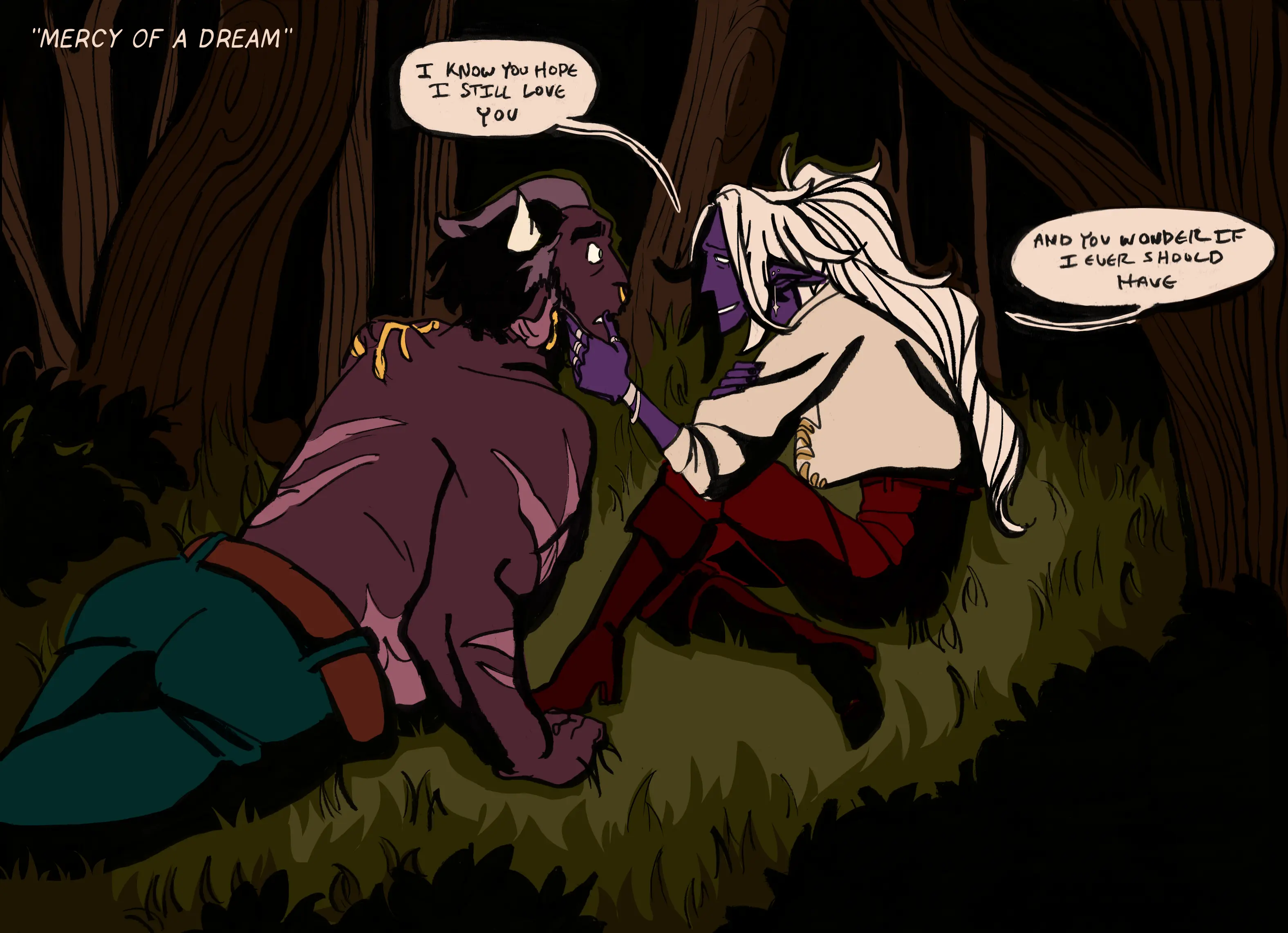 A stylized drawing of two men laying in a field.